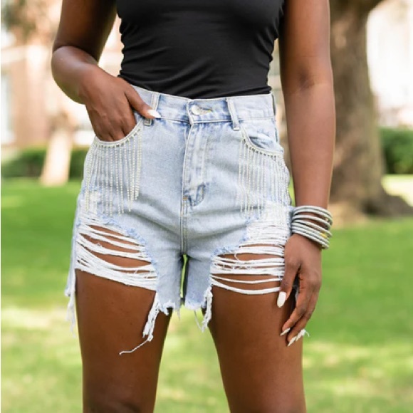 NWT Elvis Crystal Fringe Denim Shorts from Buddy Love, Game Day, Country Concert - Picture 1 of 15